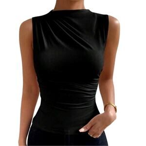 SHEIN Privé Black Mock Neck Ruched Top
